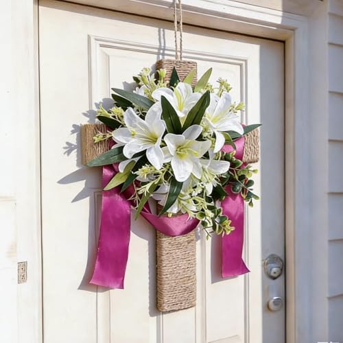 Easter Cross Wreaths for Front Door, 16" Religious Spring Wreath with Lily and Purple Ribbon, Christian He is Risen Easter Decor, Rustic Twine Wrapped Hanging Ornament Wall Porch Farmhouse Home Decor
