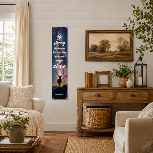 Christian Wall Decor Banner for Home, Be Strong Be Brave You Are Never Alone, Farmhouse Starry Sky Deer Scripture Wall Hanging Sign, Inspirational Decor for Church Home 48x9 In - color: color_name13