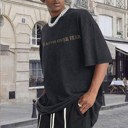 Christian Faith Over Fear Shirt for Men Jesus Religious Shirts Oversized Graphic Tees Acid Wash God T-Shirt - color: Black, size: Small