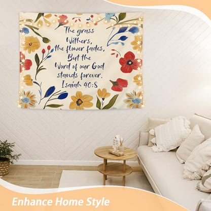 OHDCE Boho Floral Christian Tapestry Wall Hanging, Isaiah 40:8 Wildflower Religious Bible Verse Blanket Tapestries Wall Decoration for Bedroom Home Prayer Room Church, 50x60 Inch