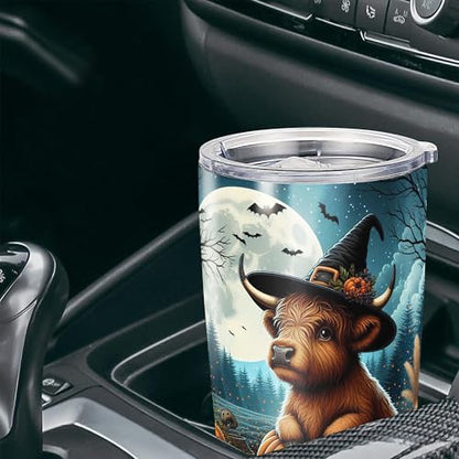 Personalized Highland Cow Halloween Tumbler Custom Name Cows Travel Mug Coffee Insulated Cup with Lid Stainless Steel 20Oz 30Oz Gifts for Women Men Girls Spooky Season - color: Halloween 569