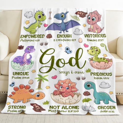 Dinosaur Christian Gift Blanket, God Says I Am Bible Verse Throw 30" x 40" - color: Bible-dinosaur, size: 30"x40"
