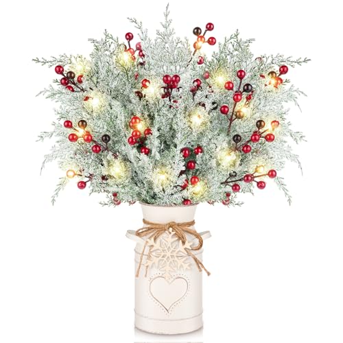 Christmas Table Decorations Set with 5 Pcs 20" Christmas Artificial Pine Branches with Red Berry Stems,White Iron Vase, LED String Lights, Snowflake Wood Chips and Hemp Rope for Xmas Winter DIY Decor - color: Winter Decor