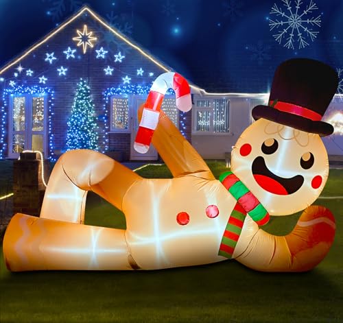 EAONE 10FT Christmas Inflatable Outdoor Decoration, Giant Christmas Blow Ups Yard Decorations Inflatable Gingerbread Man Lying Flat with Built-in LED Lights for Garden, Lawn, Home Xmas Holiday Decor - color: 10 FT Inflatable Gingerbread Man Lying