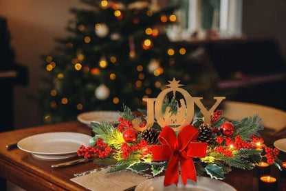 Eksen LED Lighted Christmas Centerpiece for Table or Mantel, Metal Joy Sign with Pine Greenery and Red Bow, Indoor Christmas Table Decorations for Holiday Home Decor