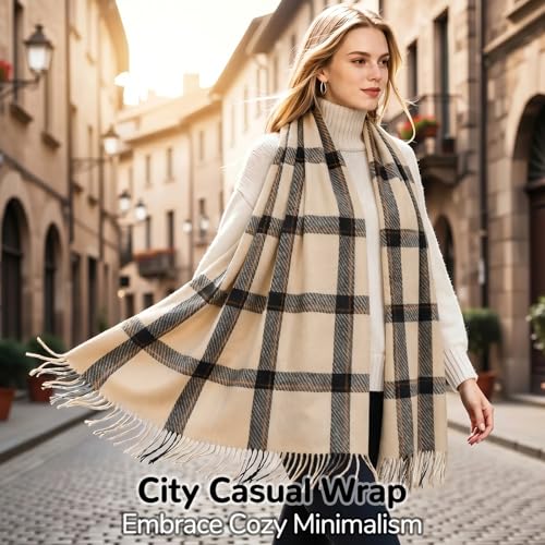 Loritta Winter Scarf for Women, Long Plaid Shawl Wraps Scarves Gifts - color: U-beige Black Striped Lattice