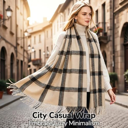 Loritta Winter Scarf for Women, Long Plaid Shawl Wraps Scarves Gifts - color: U-beige Black Striped Lattice
