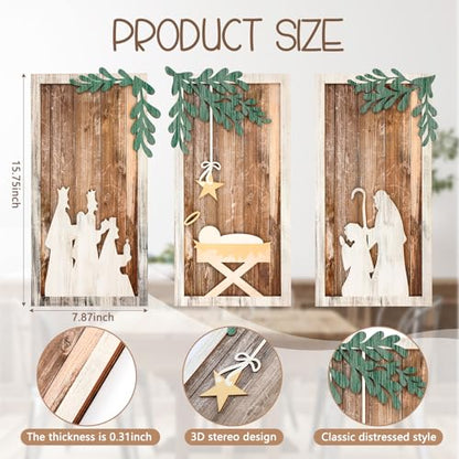Soaoo Set of 3 Christmas Nativity Scene Wood Wall Decor,Classic Color