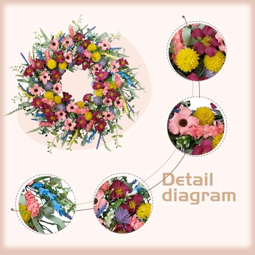 22 Inches Artificial Floral Wreath for Front Door Colorful Daisy and Green Leaves Wreath for Spring/Summer Indoor Outdoor Farmhouse Decor