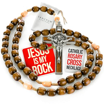 SANCTUM VERITAS Catholic Rosary Necklace | Large Italian Prayer Beads Gift - style: Walnut Wood