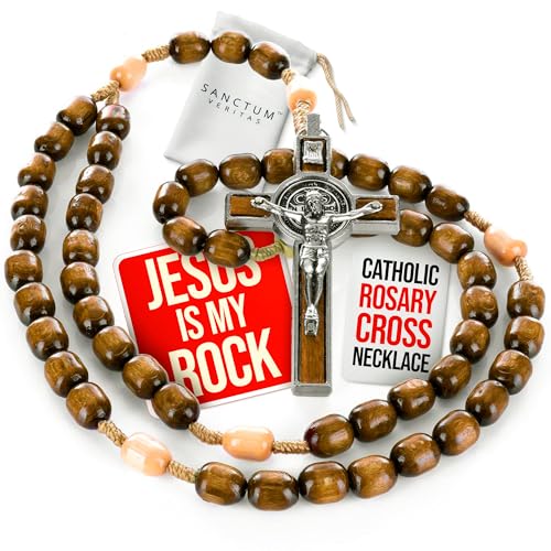 SANCTUM VERITAS Catholic Rosary Necklace | Large Italian Prayer Beads Gift - style: Walnut Wood