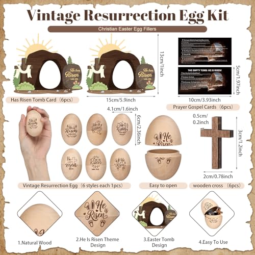 6 Set/24 Pcs Easter Christian Egg Easter Basket Stuffer Wooden Egg Easters Empty Tomb with Prayer Card Religious He is Risen Decoration Table Centerpiece Gift for Church Home Tiered Tray