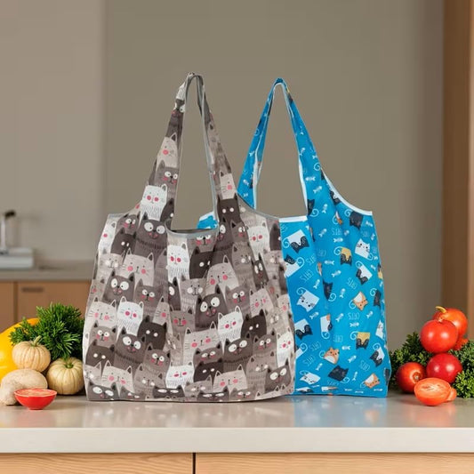 Casual Large Foldable Shopping Bag, Reusable Grocery Bags, Waterproof Portable Lightweight Tote Bag for Daily Use - color: Grey Cat+blue Cate, style: Fashion