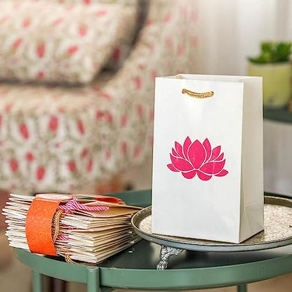Desi Favors Lotus Gift Bags - Lotus Printed Paper for Christmas, Weddings, Birthday,s Pooja/puja Return Gifts Shagun Gift Bags - 7.4x4.7x3.14 Inch (Pack of 8) - style: Pearl White (Pink Lotus)