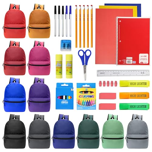 12 Pack 17" Bulk Backpacks with 50 Piece School Supplies Kits, 12 Colors - color: 12 Colors Asst, size: 50 Piece SS Kit