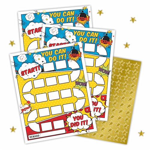10 Reward Chart with 206 Golden Star Stickers-Comic Theme-Incentive Chart,Positive Behavior Reward Chart for Kids,Toddler Homework Assignments, Attendance(8"X10")-A02 - color: Comic