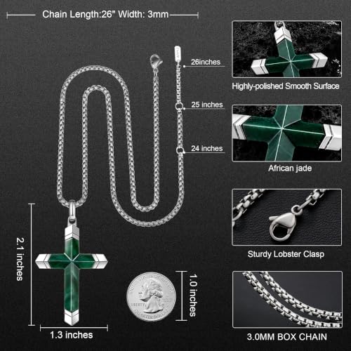 Lapis Lazuli/Amethyst Cross Necklace for Men Waterproof and Sweat-Resistant Suitable for both men and women With Adjustable Box Chain Christian Jewelry Father Day Gifts for Men - color: Green&Silver