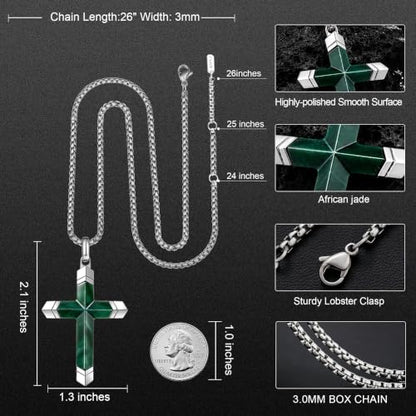 Lapis Lazuli/Amethyst Cross Necklace for Men Waterproof and Sweat-Resistant Suitable for both men and women With Adjustable Box Chain Christian Jewelry Father Day Gifts for Men - color: Green&Silver