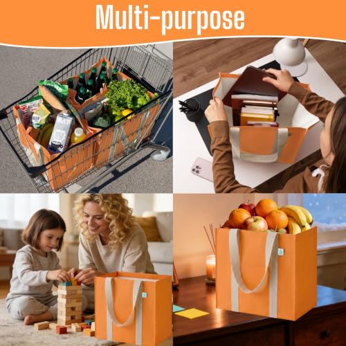 VENO 4 Pack Large Autumn Reusable Grocery Shopping Bags with Hard Bottom - color: Seasonal Autumn Orange