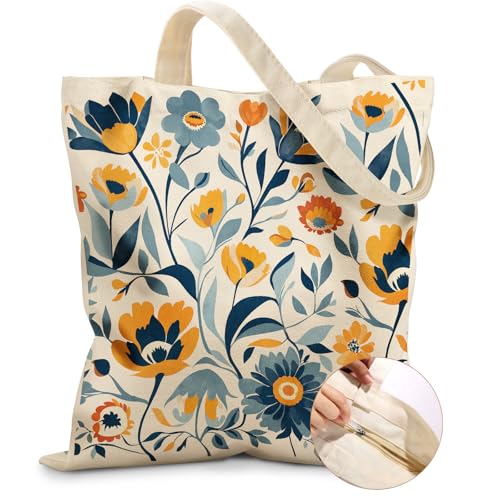 Miss Adola Canvas Tote Bag for Women with Zipper, Blue Yellow Flower - color: Blue Yellow Flower