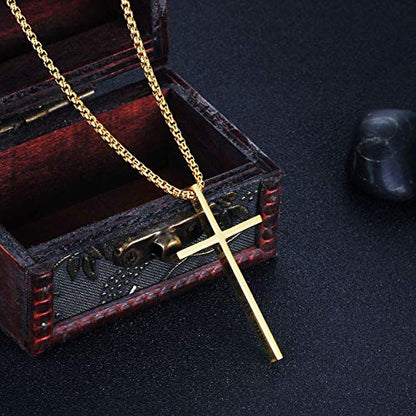 Stainless Steel Cross Pendant Necklaces for Men Women 24 Inch Chain - color: Gold