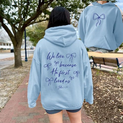 Christian Bow Hoodies for Women Cute Bow Print Sweatshirt Bible Verse Graphic Hoodie Religious Pullover Sweatshirts - color: Blue, size: Large