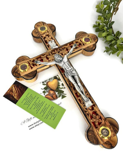 iHoly Land Crafts Mother of Pearl Olive Wood Crucifix Wall Cross, 15" x 10" - size: 15"L x 10"W