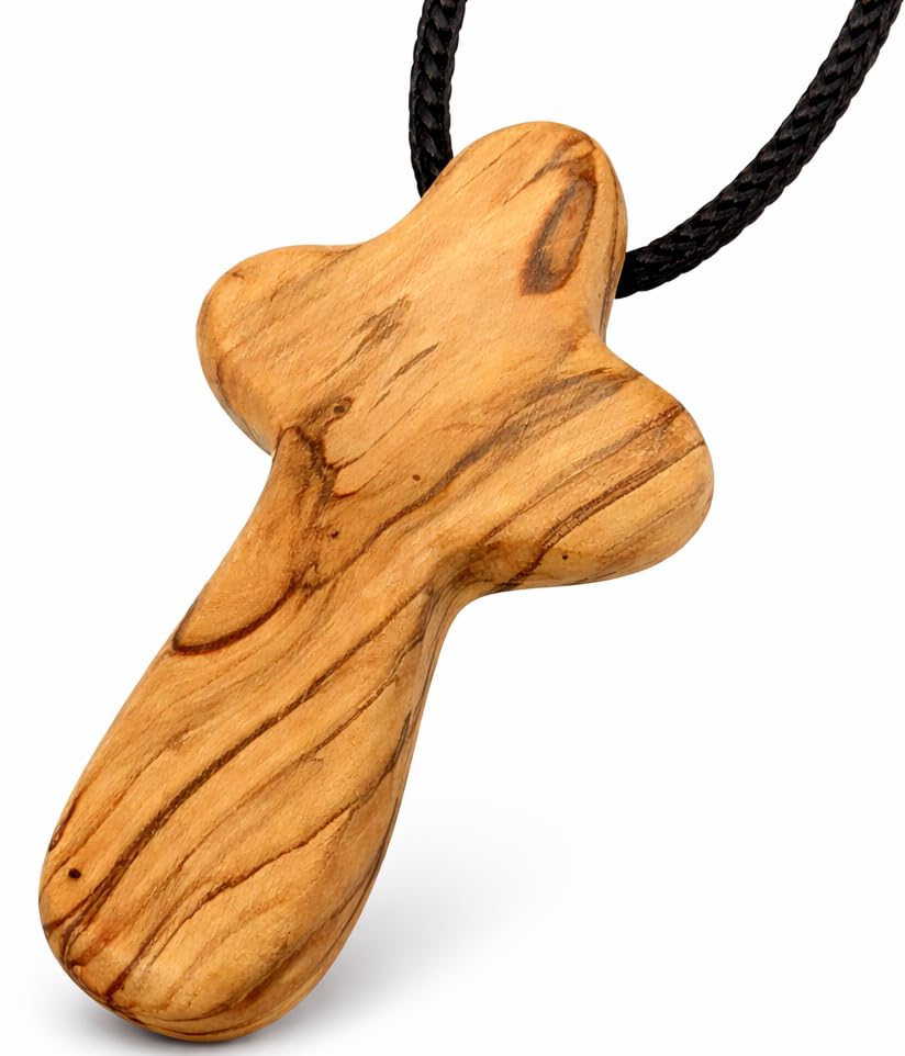 Zuluf Natural Wood Cross Pendant Necklace, Hand Carved Olive Wood Cross Necklace for Men Women, 2.5 Inch Bethlehem Holy Land Pendant on Cord, Handmade Christian Gift, Spiritual Keepsake