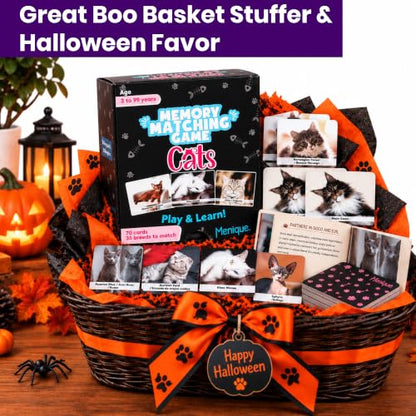 Menique Cat Memory Game – 70 Cards with Real Photos of 35 Cat Breeds – Bilingual Matching Card Game with Fact Booklet – Great Boo Basket Stuffer & Halloween Favor - style: Cats
