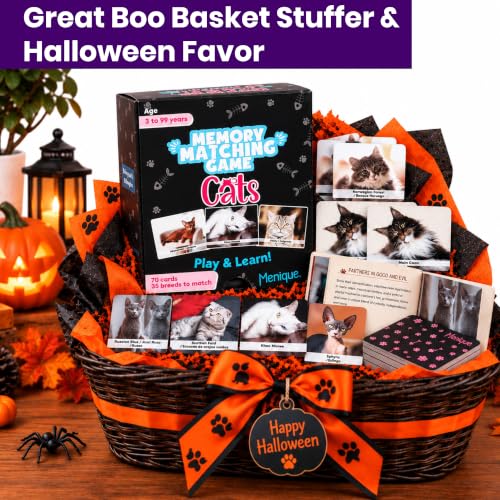 Menique Cat Memory Game – 70 Cards with Real Photos of 35 Cat Breeds – Bilingual Matching Card Game with Fact Booklet – Great Boo Basket Stuffer & Halloween Favor - style: Cats