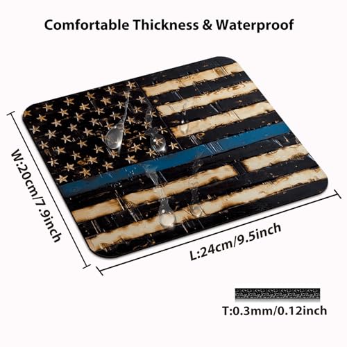 Thin Blue Line American Pride Flag Mouse Pad, Rustic Burnt Wood Desk Mat - color: Blue Line