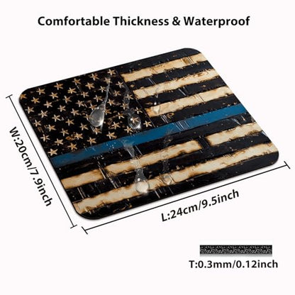 Thin Blue Line American Pride Flag Mouse Pad, Rustic Burnt Wood Desk Mat - color: Blue Line