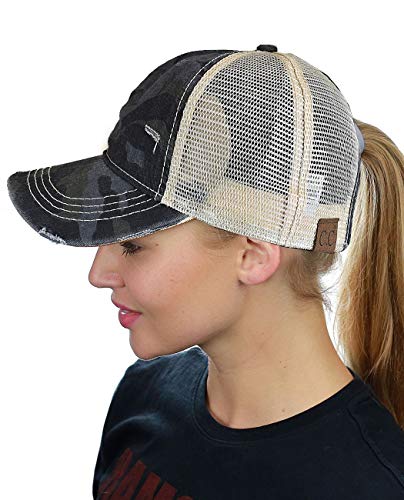 C.C Ponycap Messy High Bun Ponytail Adjustable Mesh Trucker Baseball Cap Hat - color: Camo Black