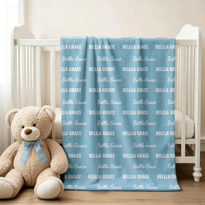 Ships Next Day, Personalized Baby Blanket with Name - Custom Newborn Hospital Swaddle Blanket, Super Soft Plush Flannel Baby Gift for Birth Announcement Shower Easter Gifts for Toddler Kids - color: Light Blue 2