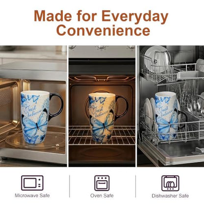 Topadorn 17oz Ceramic Travel Mug with Lid, Blue Butterfly Coffee Mug - color: Just Believe