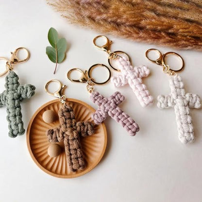Macrame Cross Keychain,Jesus Key Chain Christian Car Accessories Handmade Soft Cross Keychain Cute Baptism Faith Inspired Boho Decor for Women Men Religious Gifts(Olive)