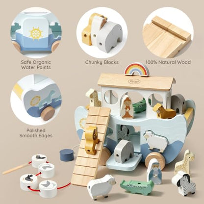 Joyreal Wooden Noah's Ark Toy for 1 Year Old Baby Boy and Girl Baptism Gift - color: Neutral