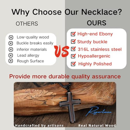 Wooden Cross Necklace for Men, Hand Polished Ebony Inset In Black Stainless Steel Christian Mens Cross Pendant Wood, 24" Round Box Chain