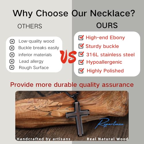 Wooden Cross Necklace for Men, Hand Polished Ebony Inset In Black Stainless Steel Christian Mens Cross Pendant Wood, 24" Round Box Chain