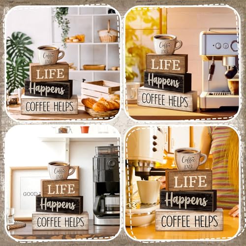 Moucuny 4 Pcs Wooden Coffee Bar Signs Farmhouse Table Decor Blocks - style: Coffee Lover