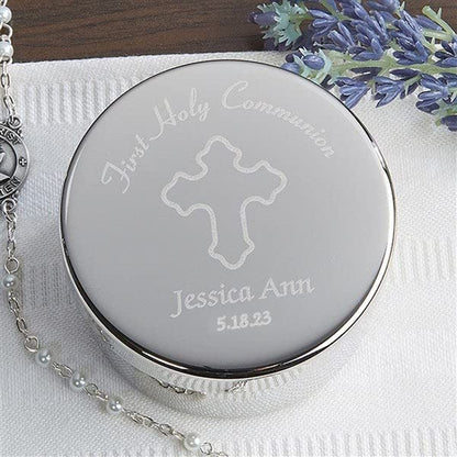 Personalization Universe Engraved First Holy Communion Rosary Case - Silver Plated Jewelry Organizer Box with Custom Text, Elegant Keepsake for Boys and Girls, 1st Communion Gift