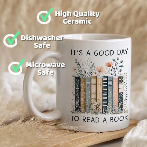 Gifts for Books Lovers Women - It’s A Good Day To Read A Book Mug, Book Lover Mugs, Books Coffee Cup with Stacked Novel Design, Bookworm Mugs for Readers - color: Book