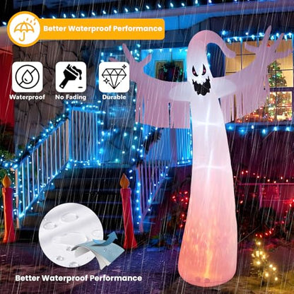12FT Halloween Inflatables Outdoor Decorations: Inflatable Ghost with Fire Flame and Blinking Red Eyes, Blow up Decor for Yard Garden Lawn Home Holiday Party - style: White Ghost