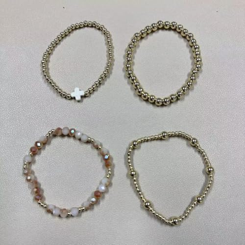 Colorful Cross Charm Bracelets for Women Men Adjustable Gold Plated Beaded Bracelet Boho Bead Ball Stretch Bracelet Birthday Summer Beach Jewelry - color: White B
