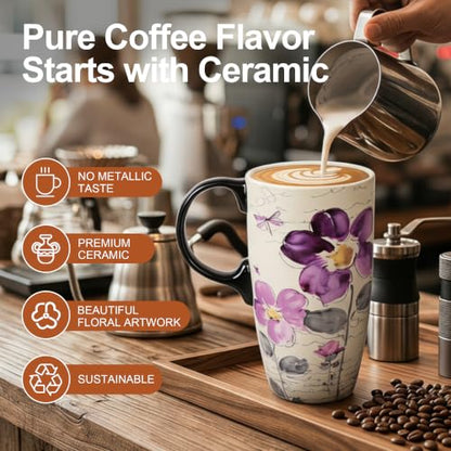Topadorn 17oz Ceramic Travel Mugs Set of 2, Floral Coffee Mugs with Lids - color: Butterfly&flower