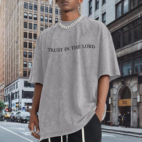 Wrenpies Mens Oversized Christian Shirts God Faith Jesus Religious Tshirts Trust in The Lord Bible Verse Tees Acid Wash Tops - color: Light Gray, size: Small