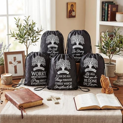 Bulyoou 24 Pcs Black Christian Drawstring Backpack Religious Gift Drawstring Bags Large Bible Verse Baptism Reusable String Bag for Church Bible Study Group - style: Black Religion
