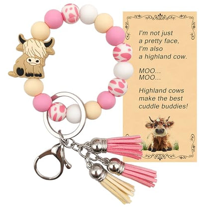 SHINYHARBOR Silicone Beaded Wristlet Keychain Bracelet,Key Wrist Keychains for Women Mom Teachers Best Friend - color: Cow-pink