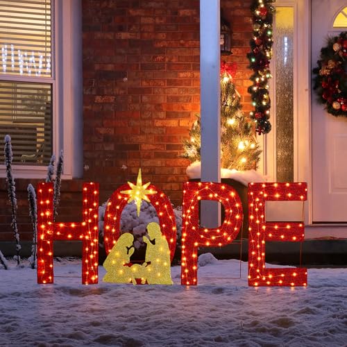 Glitzhome 33''H Lighted Outdoor Hope Christmas Nativity Decor, 4-Piece Pre-Lit Nativity Scence Set with 240 Warm White Lights, Outdoor Holiday Yard Decorations for Home Lawn, Red - color: HOPE