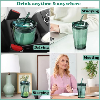 Joeyan Glass Tumbler with Straw and Lid,Green Glasses Water Cup with Straw - color: Green-1